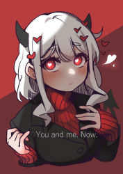 Rule 34 | 1girl, black horns, blush, closed mouth, commentary, demon girl, demon tail, english commentary, english text, hair ornament, heart, heart hair ornament, helltaker, highres, horns, long sleeves, looking at viewer, modeus (helltaker), red background, red eyes, red sweater, short hair, solo, sweater, tail, tittu, turtleneck, turtleneck sweater, upper body, white hair