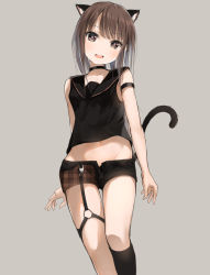 Rule 34 | 1girl, animal ear fluff, animal ears, bare shoulders, black sailor collar, black shirt, black shorts, black socks, blush, brown eyes, brown hair, brown shorts, cat ears, cat girl, cat tail, crop top, feet out of frame, groin, highres, kneehighs, midriff, navel, open clothes, open fly, open mouth, open shorts, original, plaid, plaid shorts, sailor collar, sakazakinchan, shirt, short shorts, shorts, single kneehigh, single sock, sleeveless, sleeveless shirt, socks, solo, tail, tail raised, teeth, upper teeth only