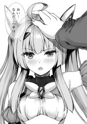 Rule 34 | 1girl, :o, ahoge, amakubo yuri, annoyed, blush, breasts, brooch, detached sleeves, exs-tia flora, greyscale, hand on another&#039;s head, highres, holding another&#039;s wrist, jewelry, kouyoku senki exs-tia, kozu rokuta, long hair, looking at viewer, magical girl, monochrome, puffy sleeves, sidelocks, simple background, small breasts, solo focus, translation request, twintails, upper body, white background