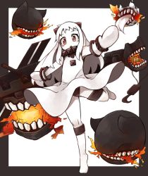 Rule 34 | 10s, 1girl, abyssal ship, bare shoulders, black panties, blush, clothes lift, colored skin, dress, dress lift, horns, kaginoni, kantai collection, leg up, long hair, mittens, northern ocean princess, outstretched arms, pale skin, panties, red eyes, spread arms, standing, standing on one leg, tiptoes, underwear, white dress, white hair, white mittens, white skin