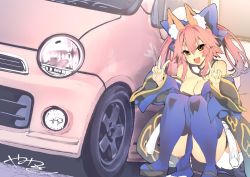 Rule 34 | 1girl, animal ear fluff, animal ears, blue kimono, blue ribbon, blue thighhighs, blush, breasts, car, cleavage, commentary, commentary request, double v, fang, fate/extella, fate/extra, fate/grand order, fate (series), fox ears, fox girl, fox tail, hair ribbon, japanese clothes, kimono, large breasts, looking at viewer, motor vehicle, open mouth, pink hair, red eyes, ribbon, skin fang, solo, tail, tamamo (fate), tamamo no mae (fate/extra), thighhighs, v, vehicle, wisespeak, yellow eyes
