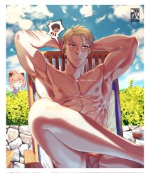 Rule 34 | 1boy, 1girl, abs, anya (spy x family), armpits, blonde hair, blue eyes, closed mouth, cloud, commentary request, corrupted twitter file, crossed legs, day, franky franklin, highres, jezz mons art, large pectorals, male focus, male swimwear, muscular, muscular male, nipples, orange male swimwear, outdoors, pectorals, short hair, sitting, sky, spy x family, twilight (spy x family), twitter username