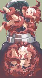 Rule 34 | 2girls, absurdres, bike shorts, closed eyes, dissolving clothes, female focus, highres, inside creature, jar, multiple girls, navel, open mouth, original, red eyes, sakamoto ahiru, tentacle pit, tentacles, torn clothes, vore, wet, white hair, x-ray