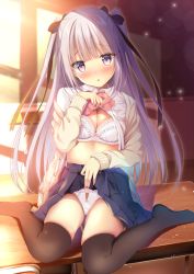 Rule 34 | 1girl, black bow, black skirt, black thighhighs, blouse, blush, bow, bow bra, bow panties, bra, brown cardigan, cardigan, chair, clothes lift, collared shirt, commentary request, desk, grey hair, hair bow, hand up, head tilt, indoors, lifted by self, long hair, long sleeves, looking at viewer, no shoes, nose blush, on desk, open cardigan, open clothes, original, panties, pink bow, red eyes, school uniform, shibainu niki, shirt, shirt lift, sitting, skirt, skirt lift, solo, sunlight, sunset, thighhighs, two side up, underwear, very long hair, wariza, white bra, white panties, white shirt