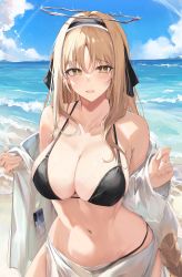 Rule 34 | 1girl, absurdres, aoi 13, bare shoulders, beach, bianca (punishing: gray raven), bikini, black bikini, blonde hair, blush, breasts, cleavage, collarbone, hair ornament, highres, large breasts, long hair, long sleeves, looking at viewer, mole, mole under eye, navel, ocean, off shoulder, outdoors, parted lips, punishing: gray raven, sideboob, smile, solo, swimsuit, water, yellow eyes
