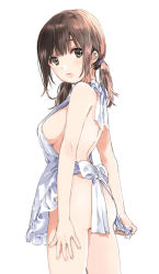 Rule 34 | 1girl, apron, ass, blush, breasts, brown eyes, brown hair, large breasts, lips, long hair, looking back, low twintails, medium breasts, nakayama miyuki, naked apron, original, simple background, smile, solo, twintails, white background