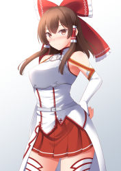 Rule 34 | 1girl, armor, armpits, asuna (sao), asuna (sao) (cosplay), bare shoulders, blush, bow, breasts, brown eyes, brown hair, closed mouth, commentary request, cosplay, detached sleeves, frills, gradient background, grey background, hair between eyes, hair ornament, hair tubes, hakurei reimu, hand on own hip, large breasts, long sleeves, looking at viewer, medium hair, red bow, red skirt, shirt, skirt, solo, standing, sword art online, thighhighs, tokyo yamane, touhou, white armor, white background, white shirt, white thighhighs, wide sleeves