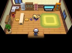 Rule 34 | 1boy, 1girl, blonde hair, bookshelf, brown hair, cabinet, commentary, creatures (company), cup, cynthia (pokemon), derivative work, english commentary, fake screenshot, from above, full body, game freak, grimace shake (meme), hat, hilbert (pokemon), indoors, long hair, looking at another, lying, mcdonald&#039;s, medium hair, meme, naelle (pkmn realidea), nintendo, on floor, on stomach, pixel art, plant, pokemon, pokemon bw, potted plant, purple liquid, refrigerator, rug, shadow, shelf, spill, standing, table, television, wide shot, window, wooden floor