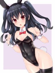 Rule 34 | 1girl, :o, alternate costume, animal ears, bare shoulders, black hair, black leotard, black thighhighs, blush, bow, bowtie, breasts, breasts apart, cleavage, covered erect nipples, covered navel, cowboy shot, detached collar, embarrassed, fake animal ears, groin, hair between eyes, hands up, highres, hip focus, kazuneko (wktk1024), leotard, long hair, looking at viewer, neptune (series), open mouth, playboy bunny, rabbit ears, rabbit tail, red bow, red bowtie, red eyes, skin tight, small breasts, solo, tail, thighhighs, thighs, two side up, uni (neptunia), wide hips, wrist cuffs