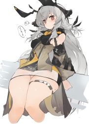 Rule 34 | arknights, cleft of venus, dress, hair ribbon, highres, leg ribbon, long hair, looking at viewer, mikozin, no panties, pussy, red eyes, ribbon, see-through, simple background, solo, tail, thigh strap, thighs, uncensored, very long hair, weedy (arknights), white background, white hair