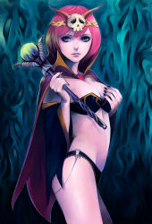 Rule 34 | 1990s (style), 1girl, bad id, bad pixiv id, bikini, black nails, blue eyes, breast hold, breasts, cape, cleavage, detached sleeves, final fantasy, final fantasy v, itori (clarice note), lenna charlotte tycoon, nail polish, necromancer, necromancer (final fantasy), pink hair, short hair, skull, solo, swimsuit, wand