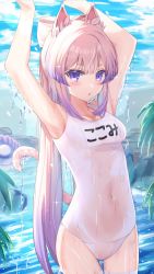 Rule 34 | 1girl, :o, animal ears, armpits, arms up, blue hair, blue sky, blunt bangs, blush, breasts, cat ears, competition swimsuit, covered navel, cowboy shot, day, genshin impact, highres, huziiro matutya, long hair, looking at viewer, multicolored hair, ocean, one-piece swimsuit, open mouth, pink hair, ponytail, sangonomiya kokomi, school swimsuit, sky, small breasts, swimsuit, thighhighs, two-tone hair, water, wet