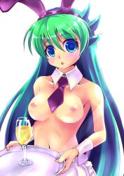 Rule 34 | 1girl, animal ears, bad id, bad pixiv id, blue eyes, blush, breasts, rabbit ears, collarbone, cup, detached collar, drinking glass, green hair, highres, long hair, medium breasts, navel, necktie, nipples, open mouth, realy till, solo, topless, twinkle star sprites, wine glass, wrist cuffs, x.x