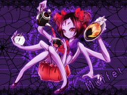 Rule 34 | 1girl, black hair, character name, claws, colored skin, cup, dress, extra arms, extra eyes, fang, fangs, food, high heels, arthropod girl, knees together feet apart, monster girl, muffet, mugino kirin, pouring, purple skin, purple theme, red eyes, ribbon, shoes, short hair, silk, smile, solo, spider girl, spider web, tea, teacup, teapot, twintails, two side up, undertale