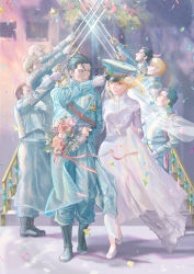 Rule 34 | 1girl, 6+boys, alex louis armstrong, bad id, bad twitter id, black hair, blonde hair, boots, bridal veil, brown hair, bubble jett, closed mouth, commentary request, confetti, dress, full body, fullmetal alchemist, glasses, hat, heymans breda, holding, holding sword, holding weapon, jean havoc, kain fuery, maes hughes, military, military uniform, multiple boys, peaked cap, riza hawkeye, roy mustang, smile, stairs, standing, sword, uniform, veil, walking, weapon, wedding, wedding dress, white dress