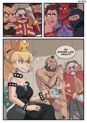 Rule 34 | 1girl, 3koma, 6+boys, armlet, artist name, ayyk92, bare shoulders, black dress, black nails, blonde hair, blue eyes, blush, bowsette, bracelet, character request, chest hair, collar, colored skin, comic, crossover, crown, cup, demon horns, dr. eggman, dress, earrings, english text, eyeshadow, facial hair, fang, fang out, glasses, goggles, goggles on head, highres, horns, jewelry, looking at another, m. bison, makeup, mario (series), multiple boys, multiple crossover, muscular, mustache, nail polish, new super mario bros. u deluxe, nintendo, nose blush, ornate ring, ponytail, red skin, ring, sitting, smile, sonic (series), spiked armlet, spiked bracelet, spiked collar, spikes, street fighter, street fighter ii (series), super crown, sweat, sweatdrop, tea, teacup, towel, turtle shell, wreck-it ralph, wreck-it ralph (character), zangief