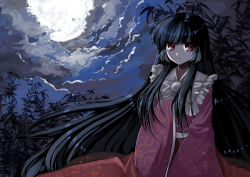 Rule 34 | 1girl, bamboo, bamboo forest, black hair, cloud, esythqua, female focus, forest, full moon, houraisan kaguya, long hair, looking at viewer, moon, nature, night, night sky, red eyes, sidelocks, sky, solo, touhou, very long hair, wide sleeves