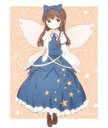 Rule 34 | 1girl, armband, blush, boots, bow, brown hair, fairy wings, frilled skirt, frills, hair bow, hand on own chest, long hair, long sleeves, looking at viewer, nekoze, outside border, patterned background, pink background, ribbon, sidelocks, skirt, skirt set, smile, solo, star (symbol), star print, star sapphire, touhou, wide sleeves, wings, yellow eyes