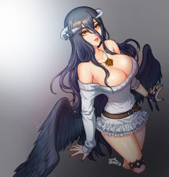 Rule 34 | 1girl, albedo (overlord), alternate costume, armpit crease, artist logo, artist name, bare shoulders, belt, black hair, black ribbon, black wings, blue nails, breasts, cleavage, collarbone, contemporary, cropped legs, demon horns, dress, feathered wings, frills, from above, gradient background, grey background, hair between eyes, hair ornament, horn ornament, horn ribbon, horns, jewelry, large breasts, long hair, long sleeves, looking at viewer, low wings, nail polish, necklace, off-shoulder sweater, off shoulder, orange eyes, overlord (maruyama), parted lips, raoul (raoul77), ribbon, simple background, skull hair ornament, solo, sweater, sweater dress, thigh strap, very long hair, white sweater, wings, wrist ribbon