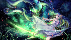 Rule 34 | 1girl, absurdly long hair, aqua eyes, detached sleeves, dress, floating hair, green hair, hatsune miku, long hair, outstretched arm, see-through, solo, twintails, very long hair, vocaloid, yasato
