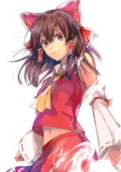 Rule 34 | 1girl, arms at sides, artist name, ascot, bare shoulders, between breasts, bow, breasts, brown eyes, brown hair, closed mouth, cowboy shot, detached sleeves, frilled bow, frills, hair between eyes, hair bow, hair tubes, hakurei reimu, long hair, long sleeves, looking at viewer, medium breasts, navel, red bow, red ribbon, red skirt, red vest, ribbon, ribbon-trimmed sleeves, ribbon trim, skirt, sleeveless, smile, solo, stomach, tcb, touhou, vest, wide sleeves, wing collar
