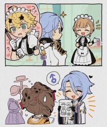 Rule 34 | 2boys, 2girls, ?, ??, @ @, ^ ^, ahoge, apron, argalia (genshin impact), armor, black bow, black dress, black gloves, blonde hair, blue hair, blunt bangs, blush, bottle, bow, brown hair, cake, cake slice, center frills, chiori (genshin impact), closed eyes, commentary request, cropped legs, crossdressing, curtains, drawing (object), dress, drill hair, drill ponytail, drill sidelocks, emphasis lines, flying sweatdrops, food, frills, from behind, genshin impact, gloves, green eyes, hair between eyes, half gloves, hand up, hands up, hat, hat rack, heart, highres, holding, holding notepad, indoors, jacket, japanese armor, japanese clothes, kamisato ayato, kimono, long sleeves, looking at another, maid, maid headdress, mars symbol, mole, mole under eye, mole under mouth, mugime (oretekisunshine), multiple boys, multiple girls, notepad, open mouth, parted bangs, ponytail, puffy short sleeves, puffy sleeves, purple hair, short hair, short sleeves, shoulder armor, sidelocks, simple background, single drill, single sode, smile, sode, sparkle, speech bubble, standing, sweatdrop, swept bangs, thoma (genshin impact), thought bubble, unworn hat, unworn headwear, waist apron, white apron, white background, white dress, white gloves, white jacket, wide sleeves, window