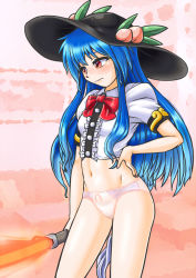 Rule 34 | 1girl, black hat, blue hair, covered navel, cowboy shot, food, fruit, hand on own hip, hat, hinanawi tenshi, holding, holding weapon, keystone, long hair, looking away, mail (mail gell), no pants, panties, peach, puffy short sleeves, puffy sleeves, rainbow order, red eyes, shirt, shoes, short sleeves, skirt, solo, standing, sword, sword of hisou, touhou, underwear, weapon, white panties, white shirt