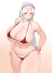 Rule 34 | 1girl, areola slip, bikini, blush, breasts, cameltoe, closed mouth, clothing cutout, cowboy shot, curvy, female focus, gradient background, grey hair, groin, hair ornament, hair scrunchie, hand on own hip, heart, heart cutout, heart necklace, highres, huge breasts, jewelry, labiata (last origin), last origin, legs, long hair, looking at viewer, maid headdress, micro bikini, moebell, navel, necklace, nose blush, pussy, red bikini, red eyes, scrunchie, simple background, solo, standing, swimsuit, thick thighs, thighs, thong, two-tone background