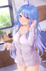 Rule 34 | 1girl, absurdres, adjusting hair, azur lane, bare shoulders, bed, bedroom, blonde hair, blush, bottomless, breasts, buttons, casual, coffee, coffee mug, collared shirt, commentary, cowboy shot, cup, curly hair, english commentary, gradient hair, groin, hand up, helena (azur lane), highres, holding, holding cup, kyl490, long hair, long sleeves, looking at viewer, medium breasts, messy hair, morning, mug, multicolored hair, naked shirt, no bra, no panties, off shoulder, open mouth, purple eyes, purple hair, shirt, solo, standing, sunlight, thighs, very long hair, white shirt
