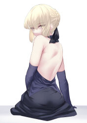 Rule 34 | 1girl, absurdres, artoria pendragon (all), artoria pendragon (fate), bare back, black dress, black ribbon, blonde hair, braid, dress, fate/grand order, fate (series), from behind, hair ribbon, highres, looking at viewer, looking back, okuma707, ribbon, saber alter, short hair, simple background, sitting, solo, white background, yellow eyes