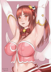 Rule 34 | 1girl, alternate costume, armpits, arms up, blush, bow, bowtie, breasts, cleavage, dead or alive, dead or alive 5, covered erect nipples, highres, honoka (doa), looking at viewer, midriff, navel, open mouth, red eyes, red hair, solo, standing, upper body, zenkou