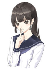 Rule 34 | 1girl, bad id, bad pixiv id, black sailor collar, blush, brown eyes, brown hair, commentary request, cropped torso, finger to mouth, hand up, index finger raised, long hair, long sleeves, looking at viewer, original, parted lips, ponytail, purple neckwear, sailor collar, school uniform, serafuku, shii (kairi-t-k0317), shirt, shushing, sidelocks, simple background, solo, upper body, white background, white shirt