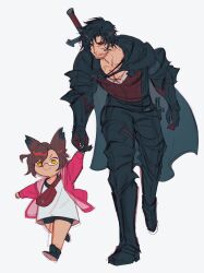 Rule 34 | 1boy, 1girl, absurdres, animal ears, armor, bike shorts, black hair, brown hair, cape, clive rosfield, dreadwyrmtrance, final fantasy, final fantasy xiv, final fantasy xvi, highres, holding hands, in-franchise crossover, jacket, lalafell, pink jacket, short shorts, shorts, simple background, smile, sword, walking, warrior of light (ff14), weapon, weapon on back, yellow eyes