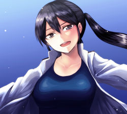 Rule 34 | 1girl, black eyes, black hair, breasts, brown eyes, kitagou fumika, liar lawyer, long hair, looking at viewer, one-piece swimsuit, open clothes, open mouth, open shirt, ponytail, school swimsuit, shirt, smile, solo, strike witches, strike witches zero, swimsuit, world witches series
