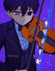 Rule 34 | 0tz026, 1boy, black bow, black bowtie, black eyes, black hair, bow, bow (music), bowtie, closed mouth, copyright name, expressionless, holding, holding instrument, holding violin, instrument, long sleeves, male focus, music, omori, playing instrument, short hair, solo, spoilers, sprout mole, sunny (omori), violin