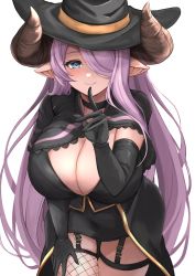 Rule 34 | 1girl, absurdres, alternate costume, black cape, black choker, black dress, black garter straps, black gloves, black hat, blue eyes, breasts, cape, choker, cleavage, closed mouth, draph, dress, elbow gloves, finger to mouth, fishnet thighhighs, fishnets, garter straps, gloves, granblue fantasy, hair over one eye, halloween costume, hat, highres, horns, index finger raised, kurakura s3, large breasts, leaning forward, long bangs, long hair, looking at viewer, narmaya (granblue fantasy), pink hair, pointy ears, single fishnet legwear, single thighhigh, smile, solo, thigh strap, thighhighs, white background, witch, witch hat