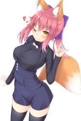 Rule 34 | &gt;;), 10s, 1girl, alternate costume, animal ears, black thighhighs, blush, bow, bowtie, breasts, cowboy shot, fate/extra, fate (series), fox ears, fox tail, framed breasts, hair ribbon, heart, highres, long hair, long sleeves, looking at viewer, medium breasts, \\n/, one eye closed, pink hair, polka dot, polka dot bow, polka dot neckwear, ponytail, reinama, ribbon, shorts, sidelocks, simple background, smile, solo, sweater, tail, tamamo (fate), tamamo no mae (fate/extra), thighhighs, underbust, v-shaped eyebrows, white background
