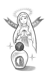 Rule 34 | 1girl, bottle, character name, christianity, closed mouth, commentary request, greyscale, kubotateru, monochrome, our lady of lourdes, praying, religion, robe, shadow, simple background, solo, sparkle, veil, white background