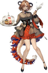 Rule 34 | 1girl, absurdres, bow, breasts, brown hair, cake, cake slice, candy, closed mouth, collared shirt, commentary request, cup, dress shirt, food, frilled skirt, frills, full body, grey shirt, hair over one eye, highres, holding, holding tray, horns, large breasts, lollipop, mouth hold, ori (momonimo), original, parted bangs, purple eyes, red bow, red skirt, shirt, simple background, skirt, smile, solo, tail, teacup, tray, white background