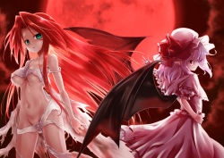 Rule 34 | 2girls, aqua eyes, bare shoulders, bat wings, breasts, commentary request, dress, flat chest, groin, hair intakes, hand on own hip, hat, highres, hong meiling, long hair, looking at viewer, medium breasts, medium hair, mob cap, moon, multiple girls, navel, no headwear, no headwear, open mouth, outstretched arm, pink dress, pointy ears, purple hair, red eyes, red hair, red moon, remilia scarlet, slit pupils, smirk, standing, torn clothes, touhou, ugatsu matsuki, very long hair, wings