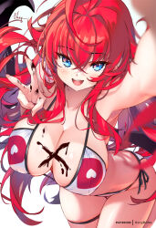 Rule 34 | 1girl, bikini, blue eyes, breasts, commentary request, high school dxd, highres, hong (white spider), large breasts, long hair, looking at viewer, open mouth, red hair, rias gremory, simple background, solo, swimsuit, white background