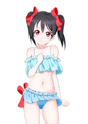 Rule 34 | 1girl, bare shoulders, bikini, black hair, blush, closed mouth, collarbone, dot nose, facing viewer, female focus, hair ribbon, impossible clothes, legs, love live!, love live! school idol project, medium hair, navel, red eyes, ribbon, solo, standing, swimsuit, white background, yazawa nico