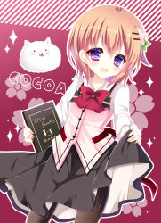 Rule 34 | 1girl, :d, angora rabbit, animal, bitter crown, black pantyhose, black skirt, bow, bowtie, breasts, buttons, collared shirt, commentary request, cowboy shot, flower, gochuumon wa usagi desu ka?, hair between eyes, hair ornament, hairclip, holding, holding menu, hoto cocoa, long sleeves, looking at viewer, menu, open mouth, orange hair, outline, pantyhose, pink background, pink vest, purple eyes, rabbit, rabbit house uniform, red neckwear, shirt, short hair, skirt, skirt hold, small breasts, smile, sparkle, standing, tippy (gochiusa), vest, white outline, white shirt, wing collar