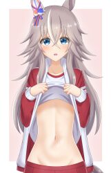 Rule 34 | 1girl, absurdres, blue eyes, blush, collarbone, commentary request, grey hair, groin, gym uniform, hair between eyes, hair ornament, highres, horse girl, jacket, katsuragi b k, lifted by self, looking at viewer, midriff, midriff peek, navel, shorts, simple background, solo, standing, stomach, thick eyebrows, tracen training uniform, umamusume, white background, wonder acute (umamusume)