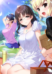 Rule 34 | 3girls, arms up, basket, black hair, black shirt, blonde hair, blue skirt, blue sky, blush, breasts, brown hair, closed eyes, closed mouth, commentary request, copyright request, day, dress, hair between eyes, head tilt, holding, holding basket, lamia, large breasts, long hair, looking at viewer, medium breasts, mole, mole under eye, monster girl, multiple girls, official art, outdoors, pink shirt, pointy ears, profile, puffy short sleeves, puffy sleeves, shakaijin ga kizuku ajin harem, shirt, short sleeves, skirt, sky, smile, stretching, sunlight, thermos, tsuyuta kome, very long hair, white dress