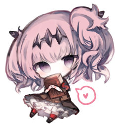 Rule 34 | 1girl, bad id, bad pixiv id, black dress, black footwear, blush, book, chibi, commentary request, cottontailtokki, covered mouth, dress, fran (shadowverse), full body, headpiece, heart, kneehighs, looking at viewer, hugging object, pink hair, puffy short sleeves, puffy sleeves, purple eyes, red socks, shadowverse, shingeki no bahamut, short sleeves, simple background, socks, solo, spoken heart, two side up, white background