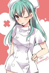 Rule 34 | 10s, 1girl, ;p, alternate costume, alternate eye color, aqua hair, blush, breasts, buttons, double-breasted, dress, hair ornament, hairclip, hand on own hip, hat, highres, kantai collection, long hair, looking at viewer, medium breasts, nurse, nurse cap, one eye closed, short dress, short sleeves, solo, suzuya (kancolle), takeshima eku, tongue, tongue out, twitter username, white dress, yellow eyes