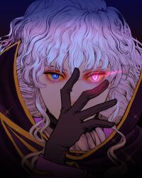 Rule 34 | 1boy, ascot, berserk, black gloves, blue background, blue eyes, bright pupils, cloak, code geass, cosplay, covered mouth, eyelashes, geass, gloves, glowing, glowing eye, gradient background, griffith (berserk), hair between eyes, hand on own face, hand up, hashtag-only commentary, heterochromia, highres, lelouch vi britannia, lelouch vi britannia (cosplay), light trail, long hair, long sleeves, looking at viewer, male focus, nisino2222, pink eyes, portrait, purple cloak, solo, sparkle, straight-on, wavy hair, white ascot, white hair, white pupils