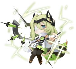 Rule 34 | 1girl, :o, black footwear, boots, character request, chibi, child, cup, drinking straw, eyepatch, full body, green eyes, green hair, hair between eyes, highres, holding, holding cup, honkai (series), honkai impact 3rd, lab coat, long sleeves, milk tea, monabianou, open mouth, short hair, simple background, solo, thigh boots, thighhighs, white background