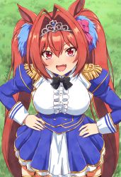Rule 34 | 1girl, absurdres, animal ears, antenna hair, black bow, black bowtie, blue jacket, blue skirt, blush, bow, bowtie, breasts, commentary, cowboy shot, daiwa scarlet (umamusume), dress, epaulettes, fang, fuusuke (fusuke208), garter straps, grass, hair between eyes, hair bow, hair intakes, hands on own hips, highres, horse ears, horse girl, jacket, juliet sleeves, long hair, long sleeves, looking at viewer, medium breasts, open mouth, pink bow, pleated skirt, puffy sleeves, red eyes, red hair, skirt, smile, solo, thighhighs, tiara, twintails, twitter username, umamusume, white dress